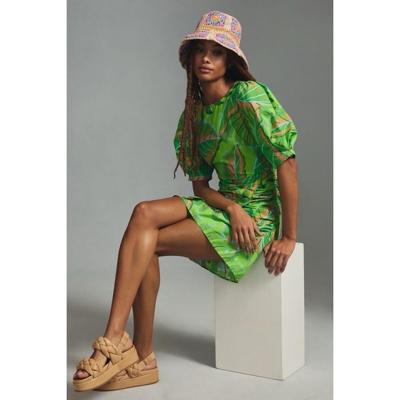 Anthropologie Farm Rio Puff-Sleeve Mini Dress Size Large Summer Women's Tropical - Picture 1 of 13